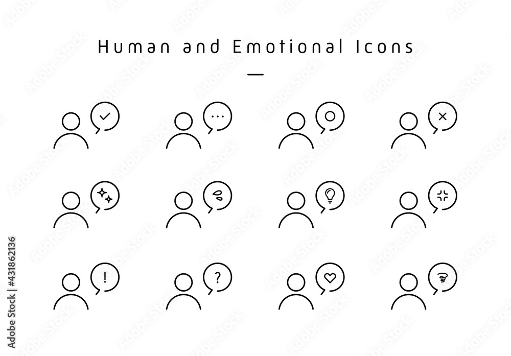 Plakat W Ramie 人と感情アイコンのふきだしセット 人型 気持ち 絵文字 シンプル 閃き 驚き 電球 汗 人物 Osoba Emocja Piktogram Fototapety Foteks