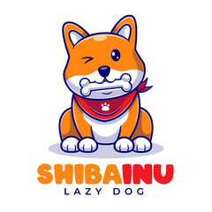 Cute Shiba Inu Eat Bone Mascot Cartoon Logo Template. Cute Animal Dog Company Editable Logo. Pet Shop Logo Concept Flat Cartoon Style