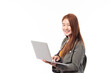 © ueaphan - Portrait of happy casual Asian girl student with backpack and laptop isolated on white background. Back to school and learning concept.