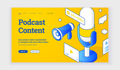 Poster - Vector illustration of audio devices for interesting podcast content recording depicted near description and link button on advertisement banner. Isometric web banner, landing page template