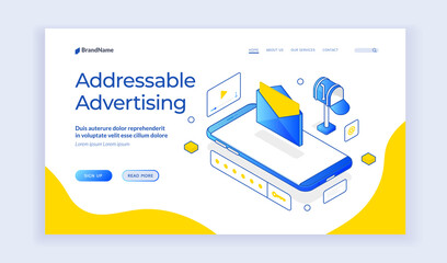 Poster - Vector illustration of smartphone with opened email and video near description and link button on banner of addressable advertising service. Isometric web banner, landing page template
