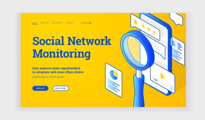 Poster - Creative simple design of web page banner with magnifying glass and mobile phone representing service of social network monitoring. Isometric web banner, landing page template