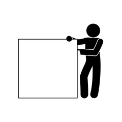 man points with his hand to a banner, stick man silhouette shows a finger on a large white sheet, blank, place for text