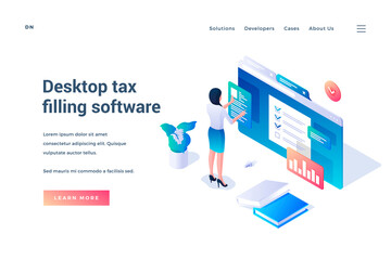 Poster - Desctop tax filling software. Isometric vector illustration. Woman standing in front of huge browser screen and filling tax form online. Web banner. Landing page template