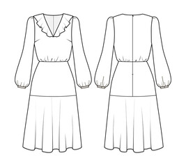 Fashion technical drawing romantic dress with flounce. Fashion flat design sketch.