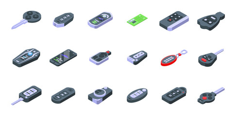 Poster - Smart car key icons set. Isometric set of smart car key vector icons for web design isolated on white background