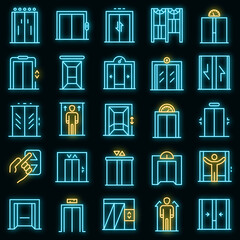 Poster - elevator icons set. outline set of elevator vector icons neoncolor on black