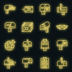 Poster - Mailbox icons set. Outline set of mailbox vector icons neoncolor on black