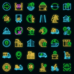 Sticker - Relocation icons set. Outline set of relocation vector icons neoncolor on black