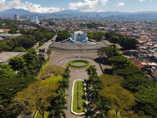 Aerial shoot of Monument to the Struggle (Monumen Perjuangan), Landmark of Bandung, Indonesia. Monument is with Garuda, Indonesia national emblem and motto.