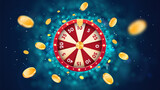 Vector 3d fortune wheel with golden flying coins on blue abstract background. Spin casino roulette and win prizes