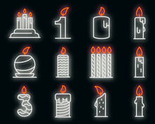 Birthday Candle Icons Set. Outline Set Of Birthday Candle Vector Icons Neoncolor On Black