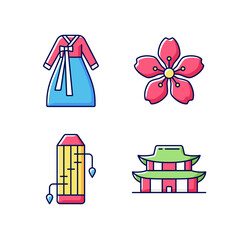 Sticker - Korean ethnic symbols RGB color icons set. Hanbok clothes. Cherry blossom. Gayageum musical instrument. Gyeongbok palace. Korean culture. Traditional symbols of Korea. Isolated vector illustrations