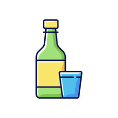 Sticker - Soju RGB color icon. Asian alcoholic drink. Alcohol in bottle. Japanese sake. Beer, liquor. Korean culture. Vodka in glass. Traditional symbols of Korea. Isolated vector illustration