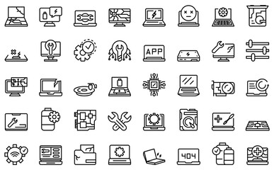 Canvas Print - Laptop repair icons set. Outline set of laptop repair vector icons for web design isolated on white background