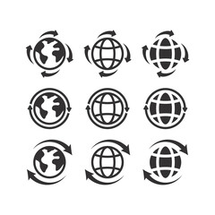 Wall Mural - Globe planet with arrows black vector icon set. Reload or loop website earth arrow symbol.