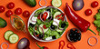 © Atlas - Bowl of greek salad and ingredients on orange background