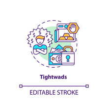 Tightwads Concept Icon. Tight-fisted Consumer Idea Thin Line Illustration. Frugalist. Avoiding Luxury Items. Buying Products At Lowest Price. Vector Isolated Outline RGB Color Drawing. Editable Stroke