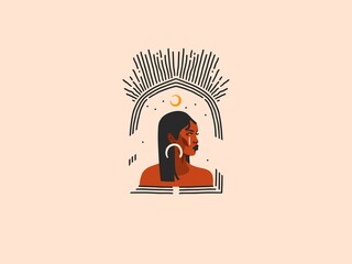 Hand drawn vector abstract stock flat graphic illustration with ethnic tribal black beautiful african american woman,sun and magic moon crescent in arch,simple style ,isolated on pastel background