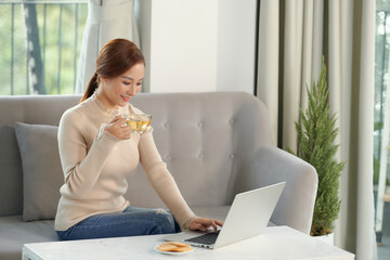 Beautiful cheerful redhead girl using silver laptop while sitting on sofa in living room at home.