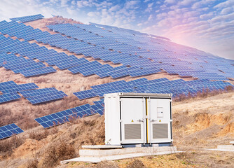 Wall Mural - solar collector inverter with solar panels energy modern electric power production technology renewa