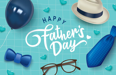 Wall Mural - Happy Father's Day greeting card design with tie, glasses, bow, hat and balloon.