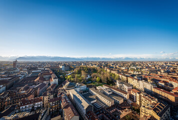 Wall Mural - Aerial view of the city of Turin (Torino) from the Mole Antonelliana with the Italian Alps on the horizon,  Piedmont (Piemonte), Italy, Europe.