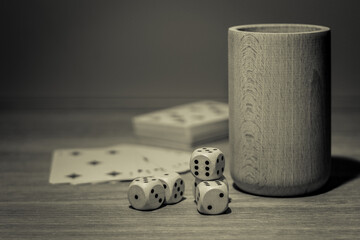 Sticker - Grayscale shot of dice and playing card on the table - gambling concept