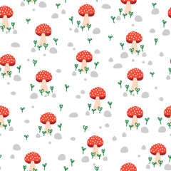 Wall Mural - Toadstool Seamless vector repeat pattern. Mushroom fungi plants stones background. Nature texture for fabric, wrapping, surface pattern design, fashion.