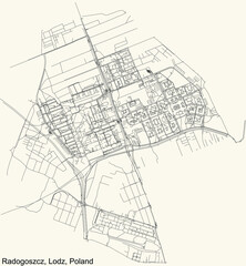 Black simple detailed street roads map on vintage beige background of the quarter Radogoszcz district of Lodz, Poland