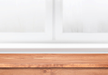 Wall Mural - Wooden table in a kitchen. Window with empty tabletop as template. Interior with brown shelf.