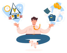 Work Life Balance Concept. Businessman Meditates, Keep Harmony Or Wellbeing. Flat Man Choose Between Leisure And Business, Family And Money, Job And House, Finance Stability, Career And Relax, Healthy
