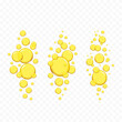 Golden, yellow oil drops, bubbles vector illustration on transparent background set