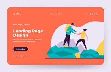 Poster - Two tourists hiking in mountains. Travel, backpack, nature flat vector illustration. Vacation and summer activity concept for banner, website design or landing web page