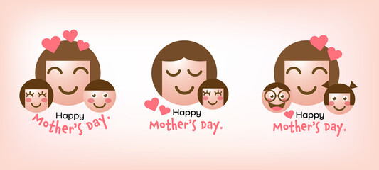 Mom and kids, Round abstract comic Faces with Mother's day concept, Set of emoticon smile icons, Cute Cartoon style.Trendy Vector illustration EPS10.