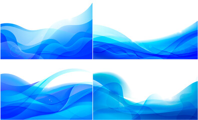 Wall Mural - Vector set of wavy abstract geometric backgrounds, blue flow hoizontal banners. Trendy gradient shapes compositions. Flow blue