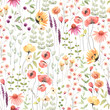 Floral seamless pattern with colorful wildflowers and abstract green plants. Watercolor print isolated on white background.