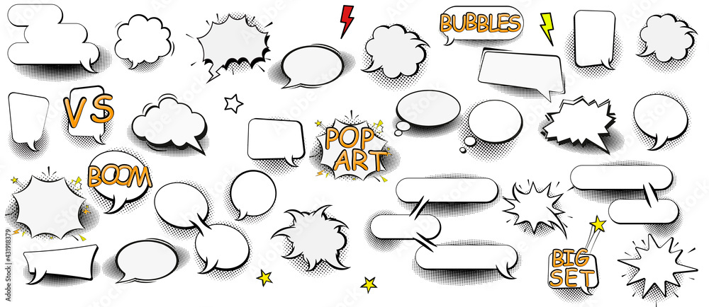 Big set comic speech bubbles halftone dot background style pop art ...