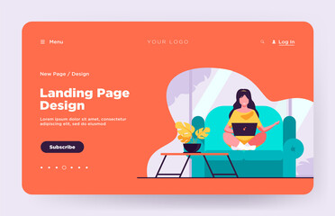 Poster - Woman sitting on sofa with laptop computer and smiling. Online, isolation, study flat vector illustration. Freelance and digital technology concept for banner, website design or landing web page