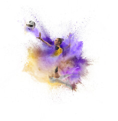 Wall Mural - Young girl volleyball player in explosion of colored neon powder isolated on white background.
