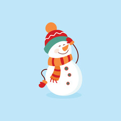 Funny cartoon snowman, postcard, illustration with a snowman on a blue background