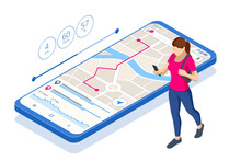 Isometric gps navigation concept. Tourist traveling using his smartphone with previously saved favorite places on map. City map route navigation smartphone, phone point marker.