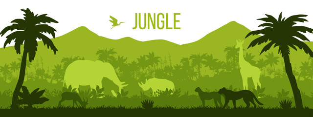 jungle vector forest silhouette background, tropical rainforest landscape, tree outlines, leopard, r