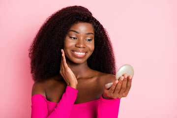 Sticker - Photo of lady hold look little mirror palm cheekbone wear top unclothed shoulders isolated pink color background