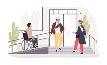 Person On Wheel Chair Moving To Accessible Building Entrance With Ramp. Wheelchair-friendly City Environment. Disabled People Inclusion Concept. Flat Vector Illustration Isolated On White Background