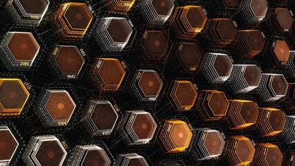 Poster - Concept of internet and computer science. Animation. Abstract technological background presented by brown and yellow rows of hexagonal shaped figures blinking on black background.