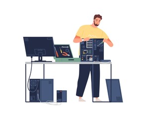 Aufkleber - Sysadmin repairing computer. Technician mending PC hardware. Repairman working with system unit and tools. Colored flat vector illustration of technical specialist isolated on white background