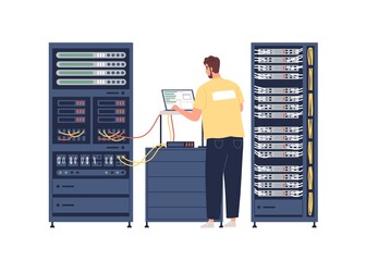 Aufkleber - Sysadmin repairing and adjusting network connection. System administrator working with server rack cabinets and computer. Colored flat graphic vector illustration isolated on white background