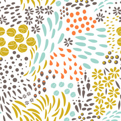 Poster - Vector organic seamless abstract background, botanical motif, freehand doodles pattern with stylized flowers, leaves, berries and simple shapes.