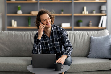 Poster - Freelancer Guy Talking On Phone Sitting At Home